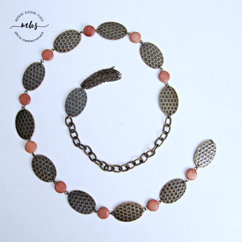Vintage Hammered Metal Beaded‎ Chain Belt with Tassel in Bronze Women One Size